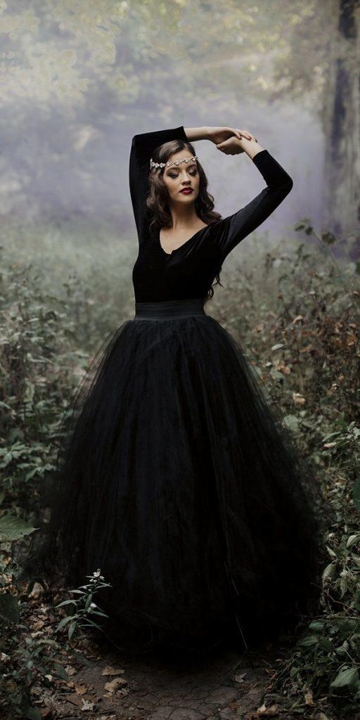 gothic wedding dresses black with long sleves v neckline tulle skirt summer leigha photo