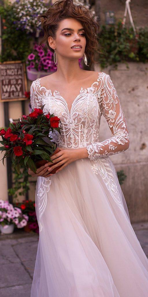 illusion long sleeve wedding dresses a line full lace blush lussanobridal