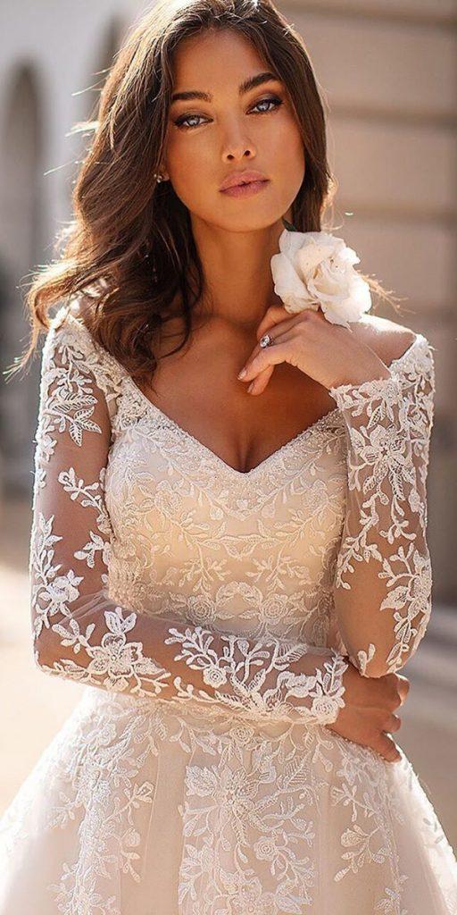  illusion long sleeve wedding dresses a line v neckline lace moonlightbridal