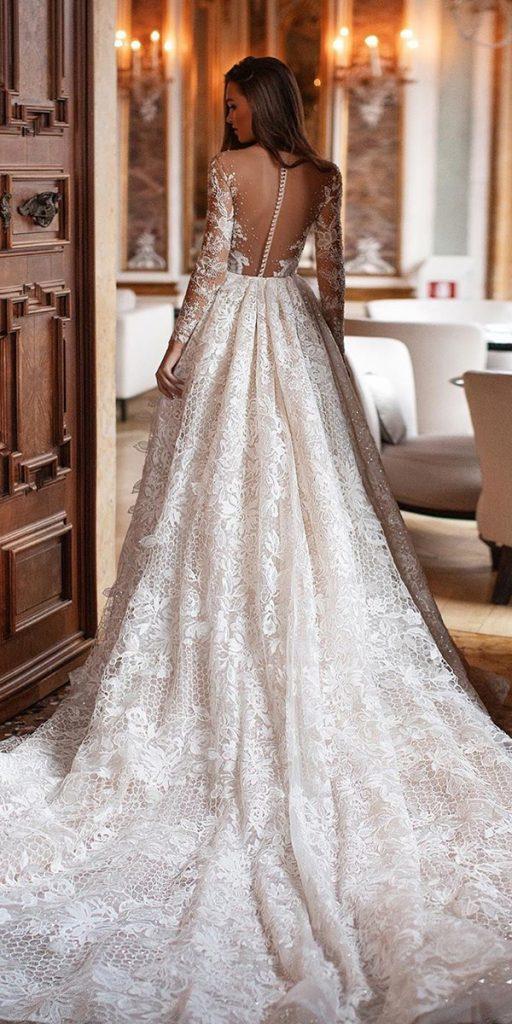  illusion long sleeve wedding dresses princess lace with train tattoo effect back millanova