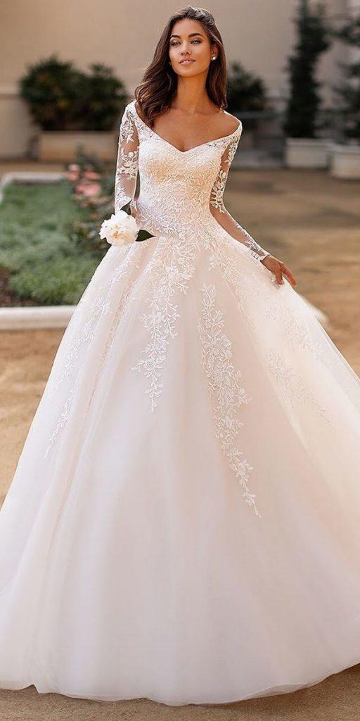 lace ball gown wedding dresses with illusion long sleeves v neckline moonlightbridal