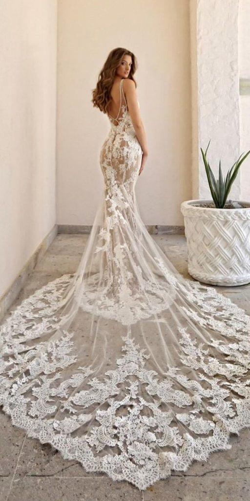  lace bridal gowns fit and flare v back with train lace enzoani