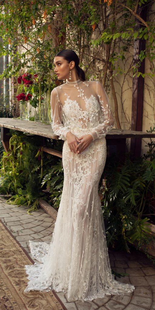  lace bridal gowns sheath with illusion long sleeves floral appliques lianrokman