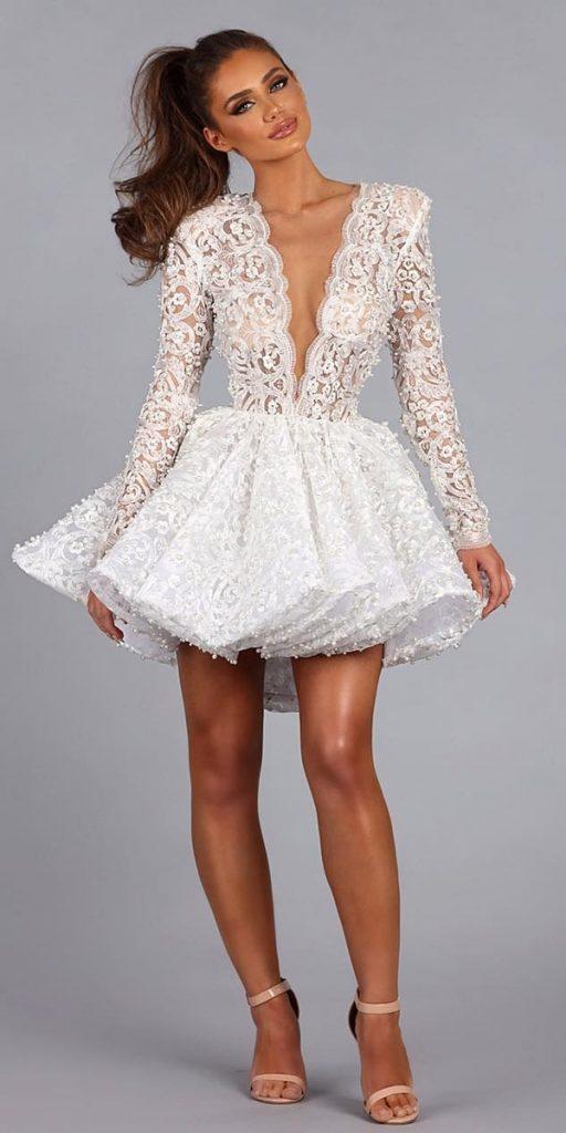 lace short wedding dresses with long sleeves deep v neckline ryanandwalter