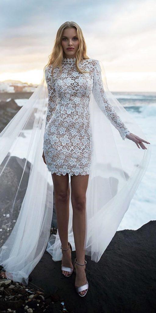 short wedding dresses with long sleeves full lace with cape blammo biamo