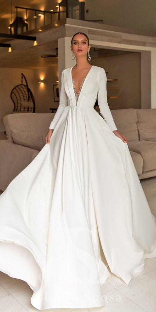 simple wedding dresses with sleeves a line deep v neckline luce sposaм