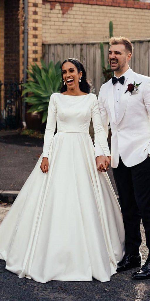  simple wedding dresses with sleeves a line modest satin mottaweddings