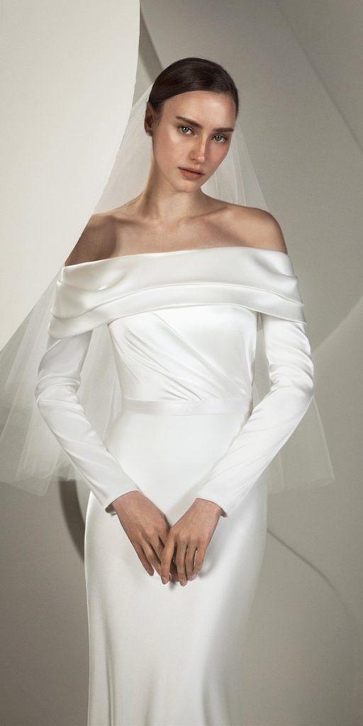  simple wedding dresses with sleeves sheath off the shoulder alon livne