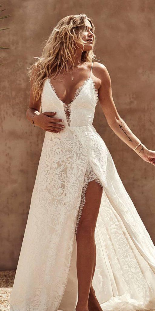  summer wedding dresses a line with spaghetti straps deep v neckline with slit lace grace loves lace