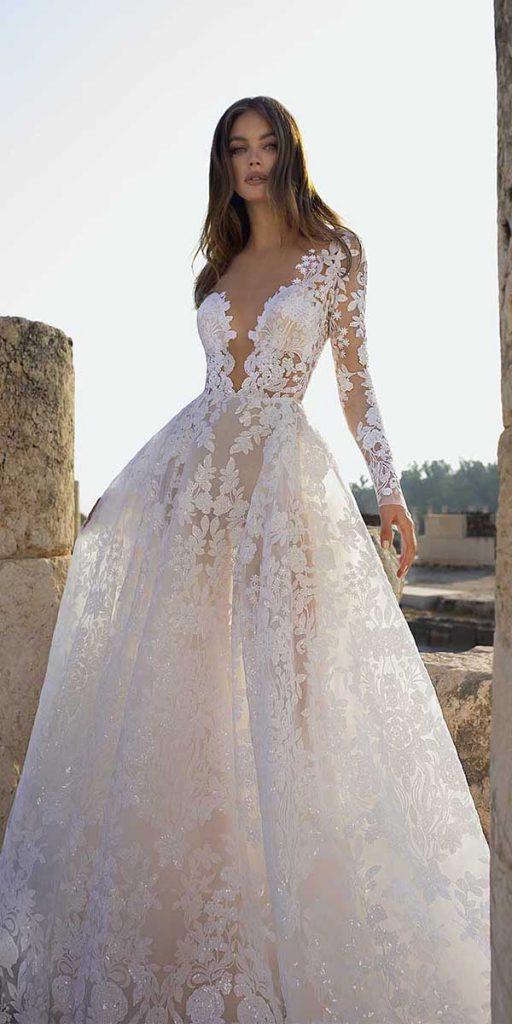 trendy wedding dresses a line plunging neckline with illusion sleeves lace pnina tornai