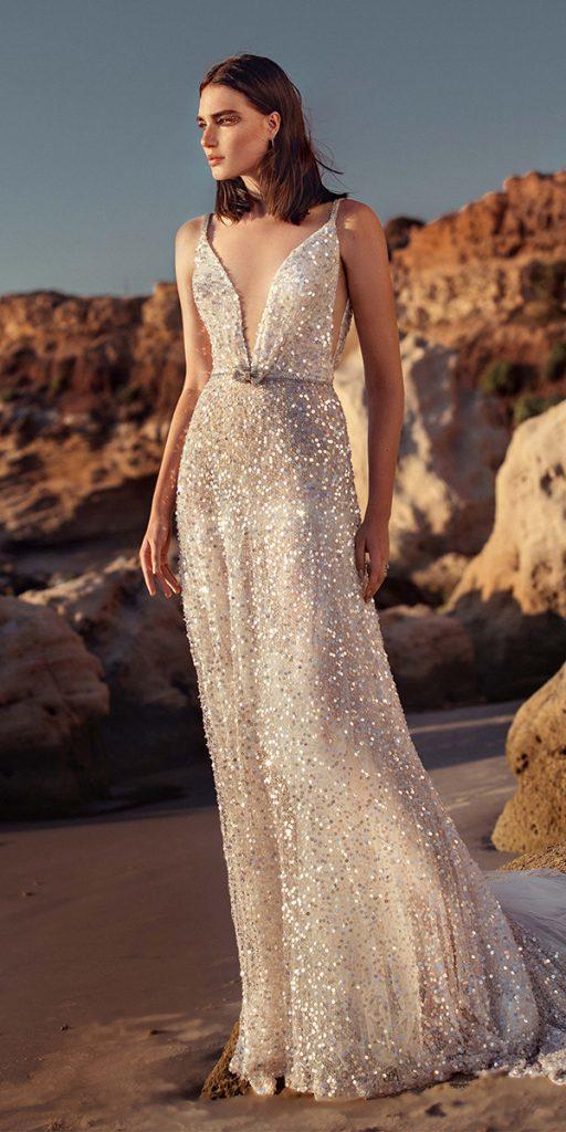 trendy wedding dresses a line with spaghetti straps sequins for beach 2020 galia lahav