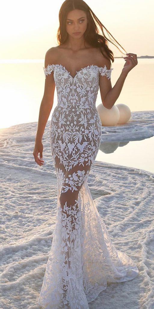 trendy wedding dresses mermaid off the shoulder sweetheart neckline floral beach lee grebenau