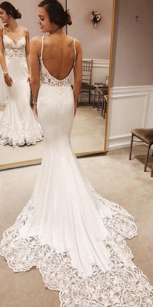 trumpet wedding dresses sexy with spaghetti straps low back lace with train pninatorna