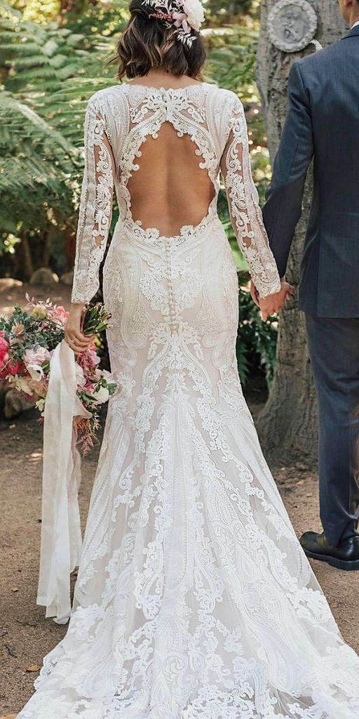 unique lace wedding dresses open back fit and flare with long sleeves badgleymischkabride