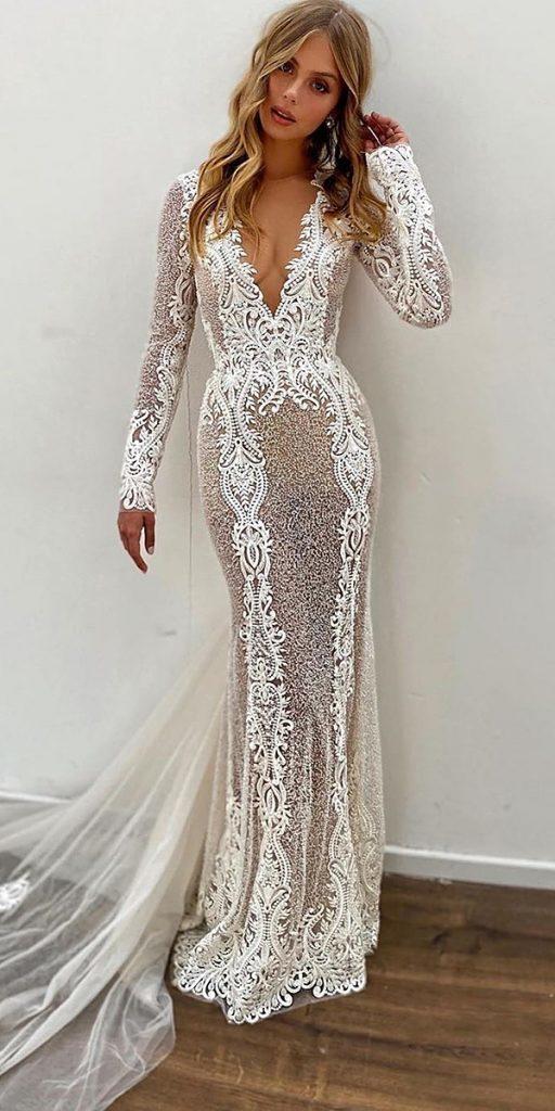 unique lace wedding dresses sheath with long sleeves sexy deep v neckline berta