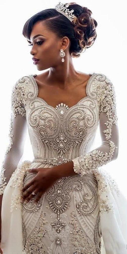  vintage-wedding-dresses with sleeves-sweetheart neckline-beaded-jeweled with overskirt salon bridal