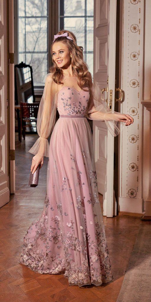  wedding guest dresses for spring long with illusion sleeves floral embroidered papilio