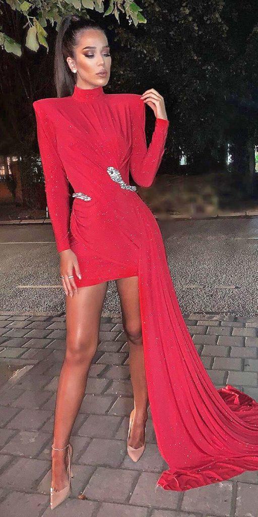 wedding guest dresses for spring red with long sleeves with train albinadylaofficial