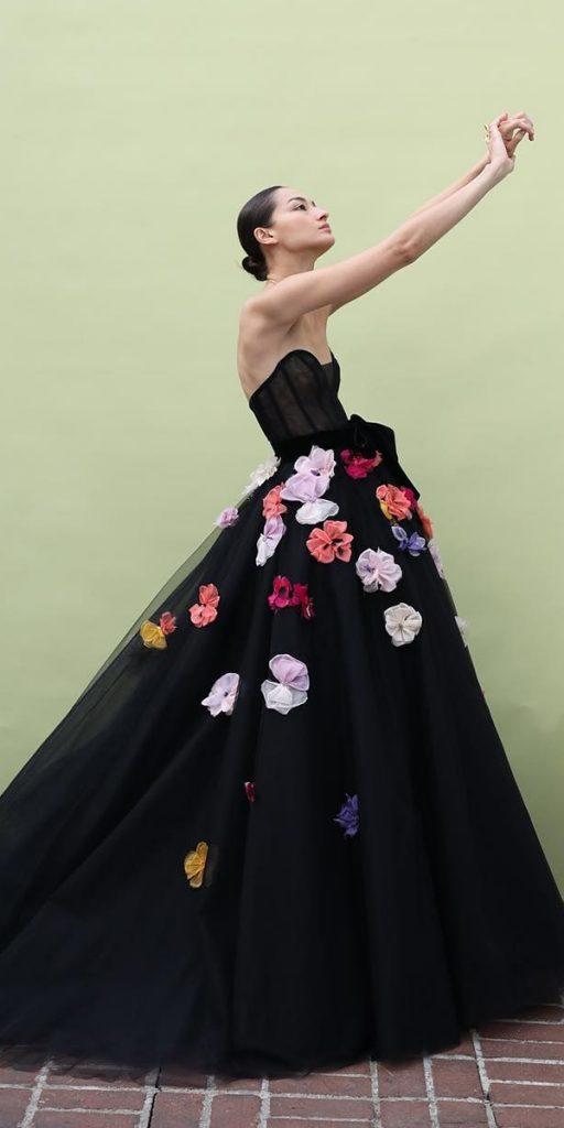  black wedding dresses ball gown sweetheart strapless with floral appliques moniquelhuillier