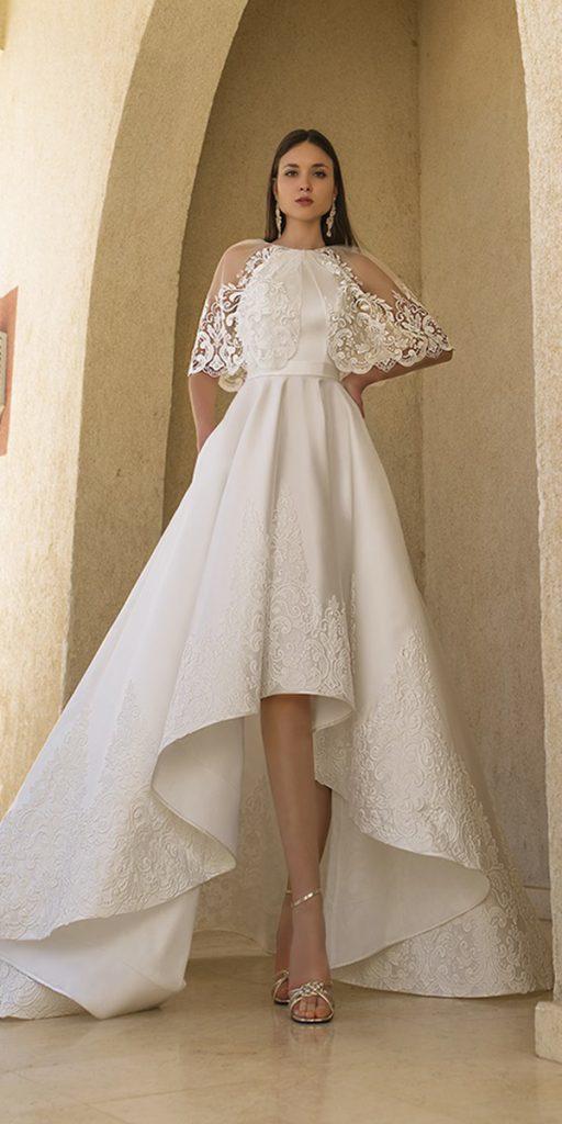 high low wedding dresses with cape lace oksana mukha