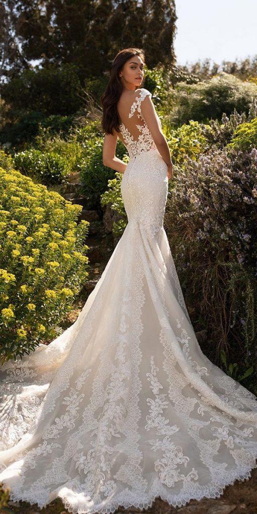lace back wedding dresses fit and flare with cap sleeves with train pronovias