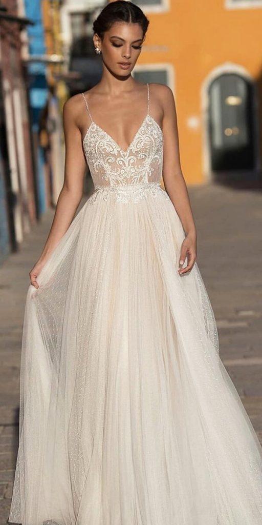 lace boho wedding dresses a line with spaghetti straps lace top for beach galikarten