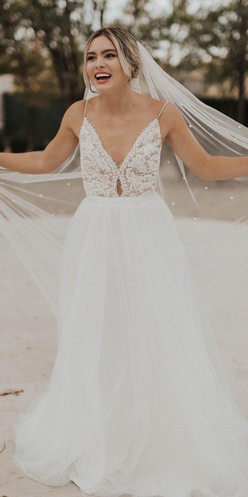 lace boho wedding dresses a line with spaghetti straps lace top truvellebridal