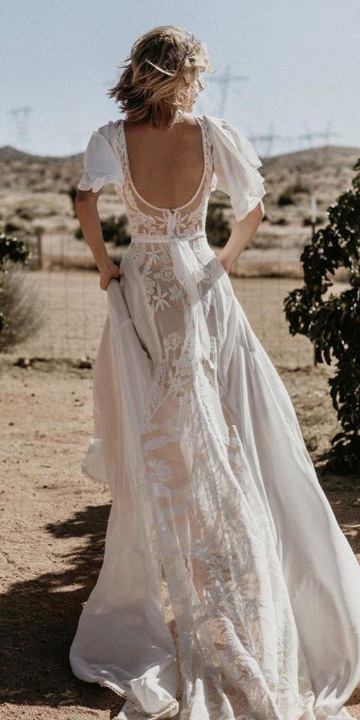 lace boho wedding dresses open back with cap sleeves dreamersandlovers