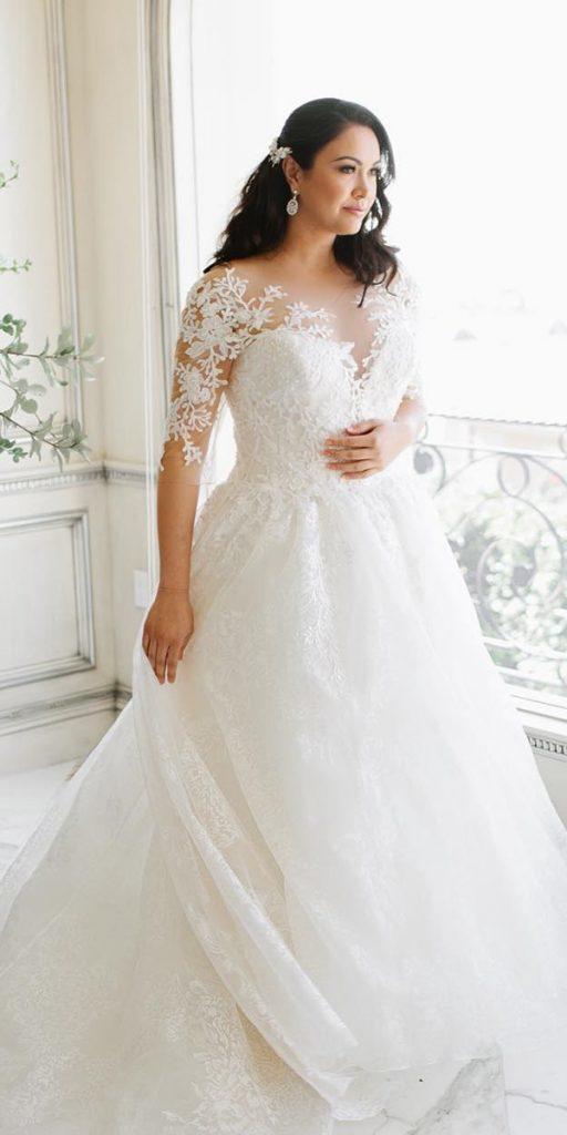 plus size ball gowns wedding dresses illusion neckline with three quote sleeves lace bonnybridal