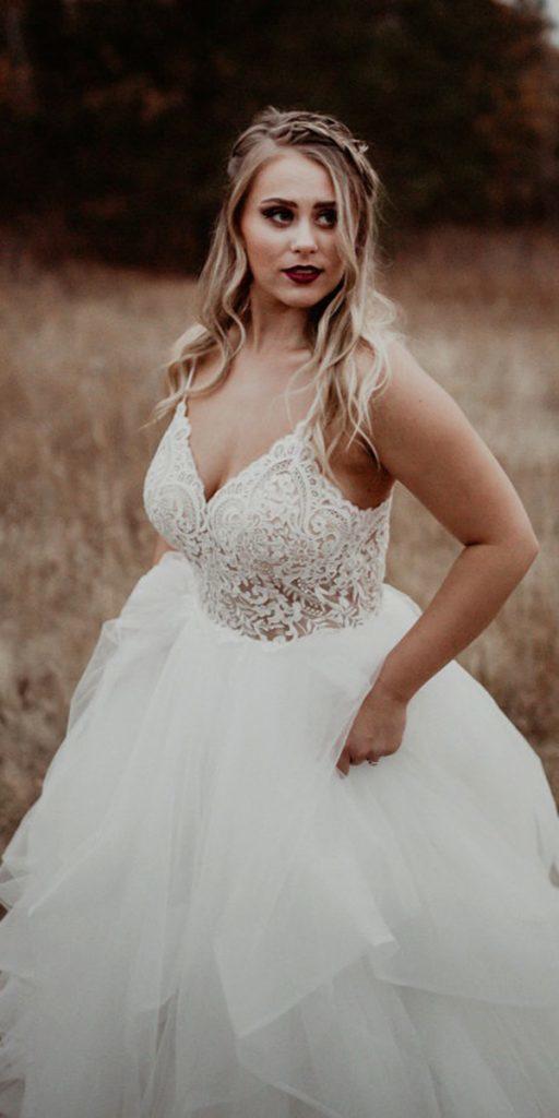 plus size ball gowns wedding dresses with spaghetti straps lace top ruffled skirt