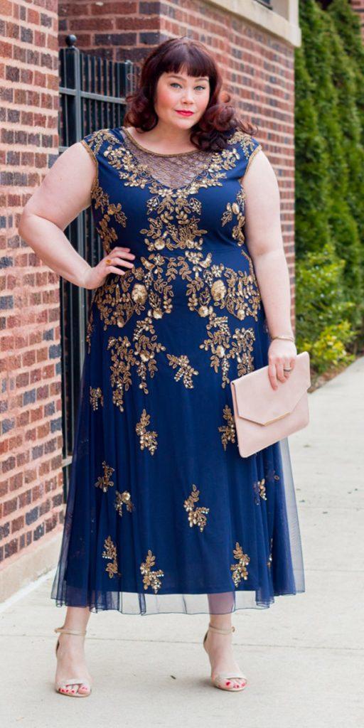 plus size wedding guest dresses tea length with cap sleeves navy with gold simply be