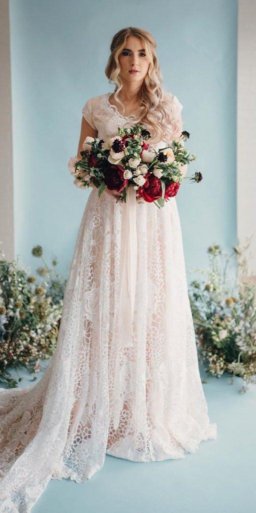 rustic lace wedding dresses a line with cape sleeves blush elizabethcooperdesign
