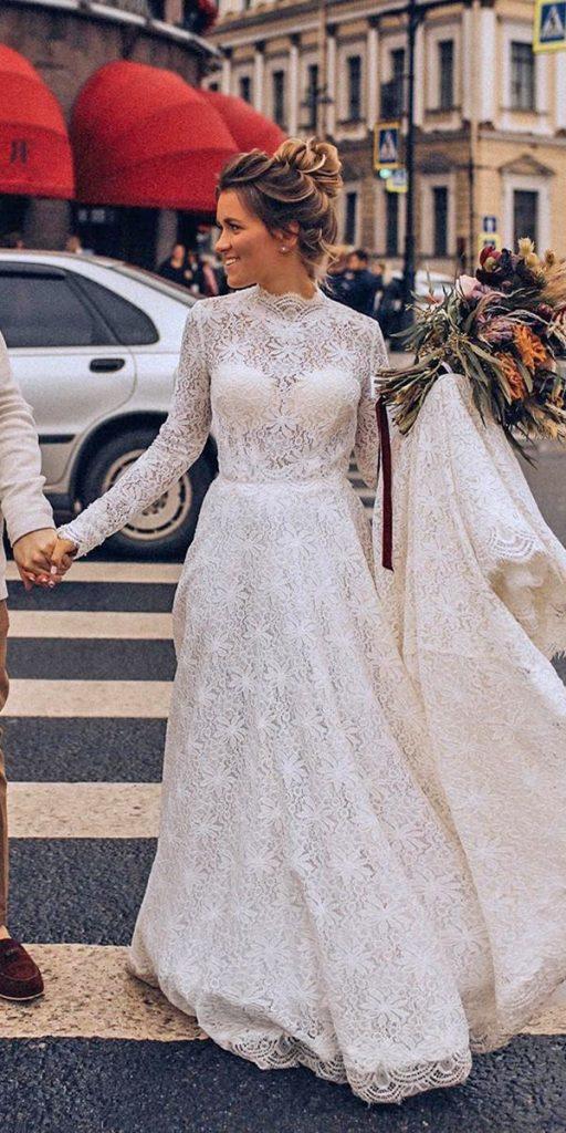 rustic lace wedding dresses a line with long sleeves ful lace olganikiforova