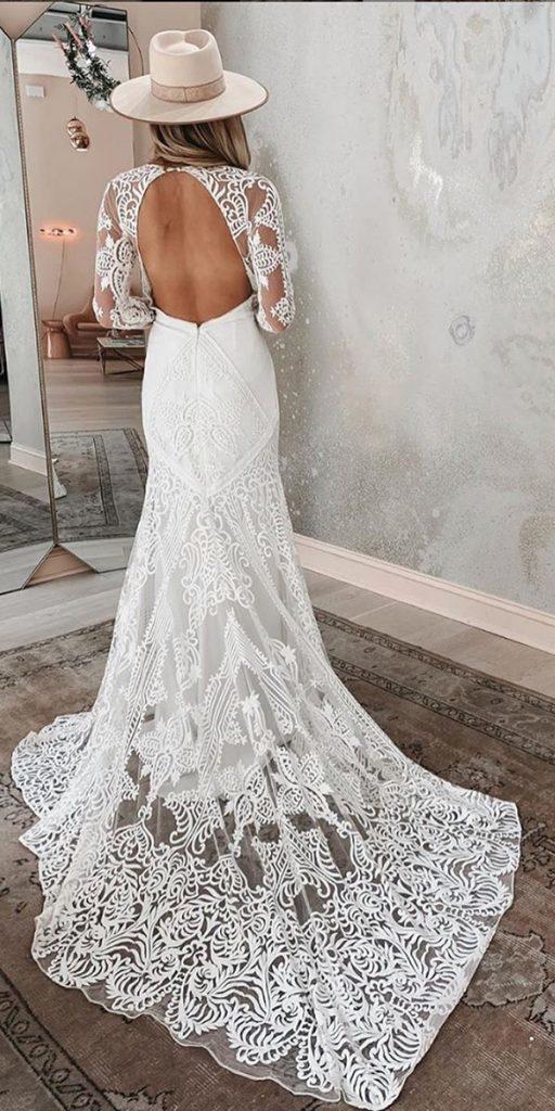 rustic lace wedding dresses sheath open back with long sleeves lace train loversxsociety