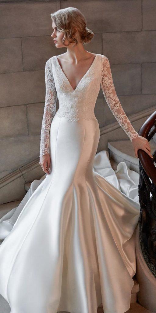 satin mermaid wedding dresses with long lace sleeves v neckline sarehnouri