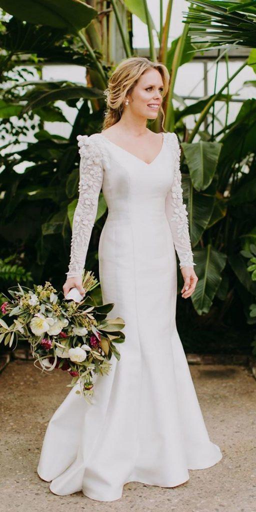 satin mermaid wedding dresses with long sleeves v neckline floral appliques chanamarelus
