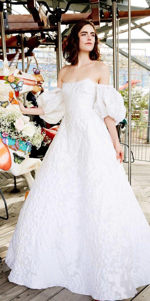 wedding dresses spring 2020 a line off the shoulder with puff sleeves lela rose