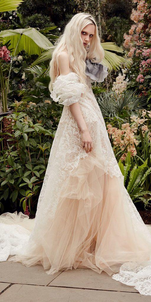 wedding dresses spring 2020 a line with puff sleeves lace beige vera wang