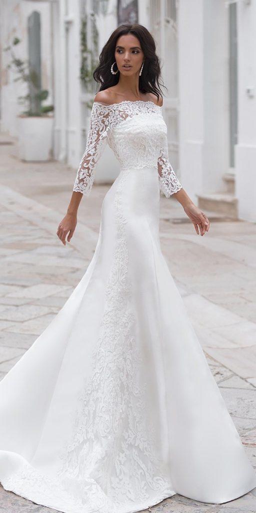 wedding dresses with lace sleeves fit and flare off the shoulder navibluebridal