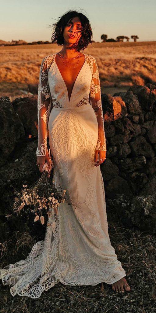 barnyard wedding dresses sheath with illusion long sleeeves lace plunging neckline rustic loversxsociety