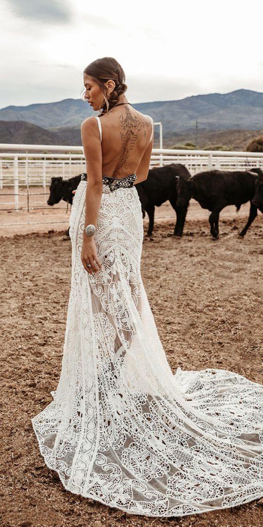 barnyard wedding dresses sheath with straps backless lace with train rue de seine