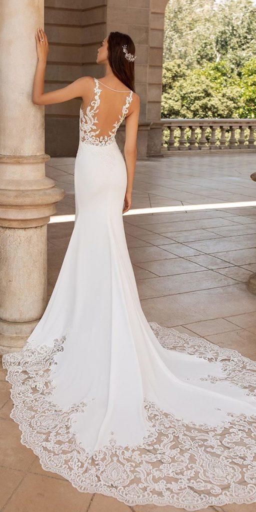 beach wedding dresses fit and flare illusion back lace train pronovias