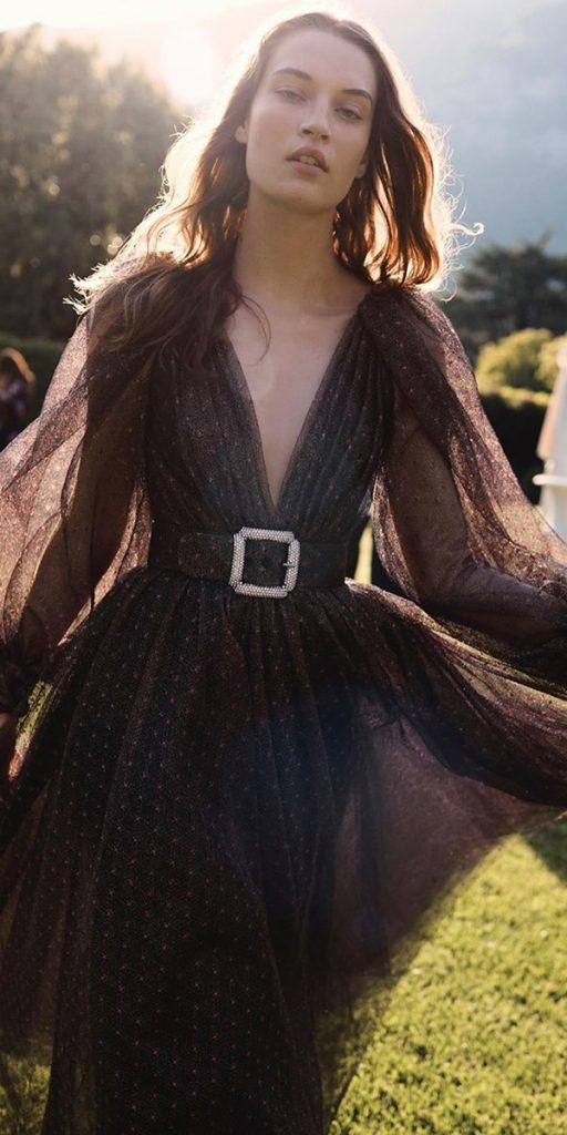black wedding dresses with long sleeves plunging neckline country moniquelhuillier