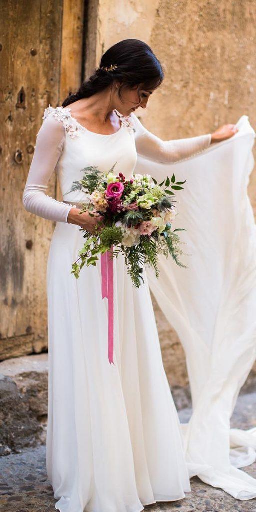 bridal gowns with sleeves a line modest simple with floral appliques ohqueluna