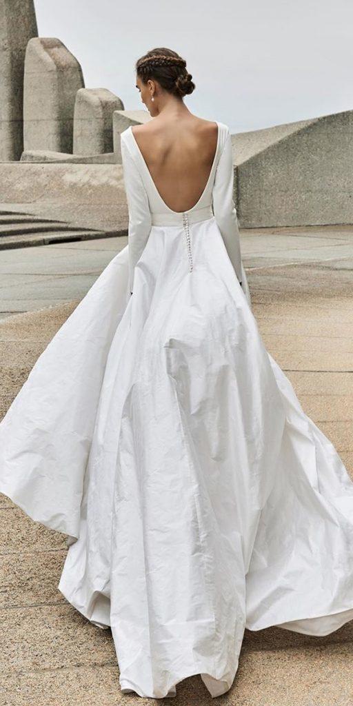 bridal gowns with sleeves a line simple low back with train elbethgillis