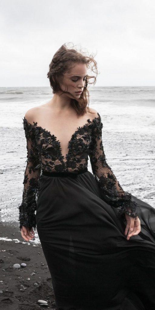 gothic wedding dresses a line off the shoulder sleeves floral appliques daalarna