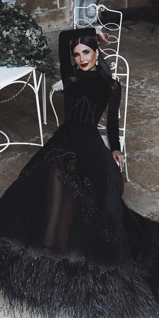 gothic wedding dresses with long sleeves black fringe said mhad