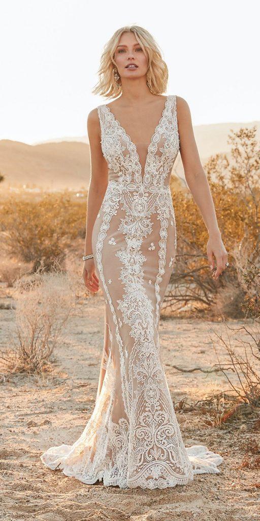 lace beach wedding dresses sheath deep v neckline beige country sottero