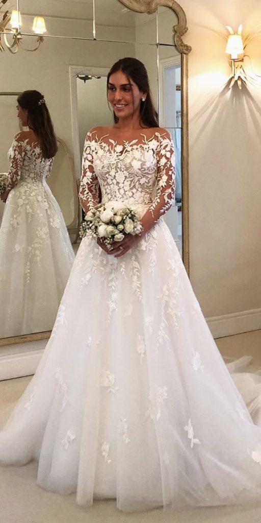 lace wedding dresses with sleeves a line illusion neckline with floral appliques wanda borges