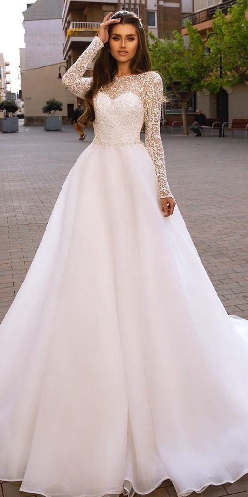 long sleeve wedding dresses a line lace top illusion neckline tinavalerdi